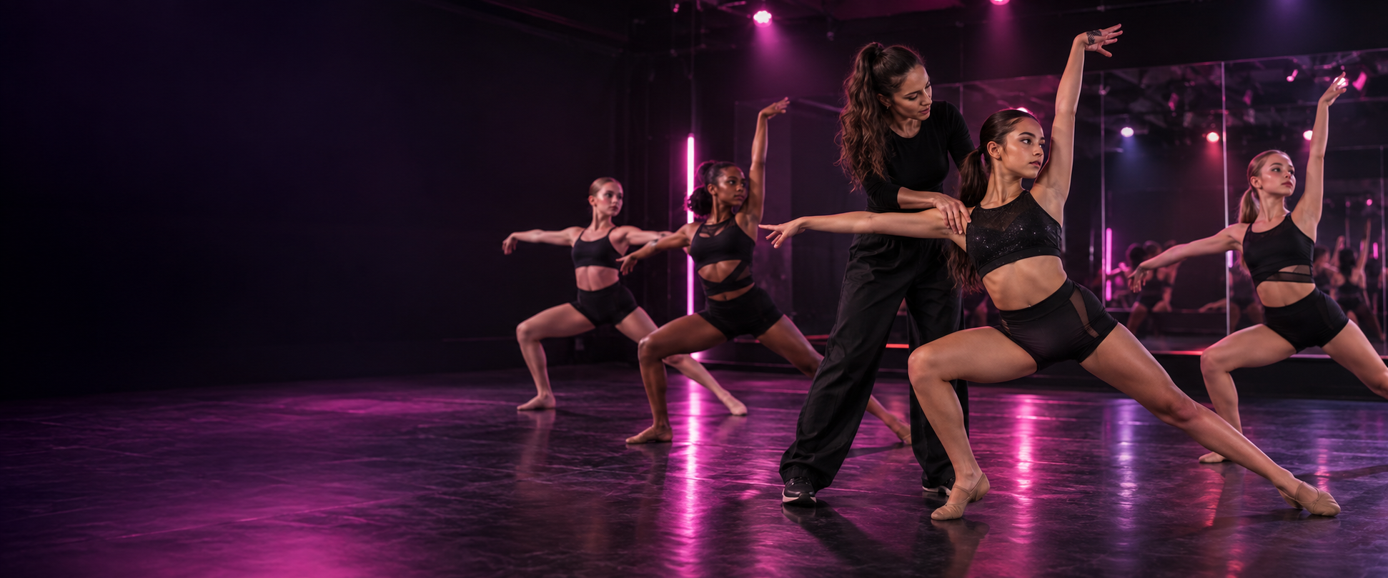 Competitive dancers rehearsing as a choreographer gives precise corrections